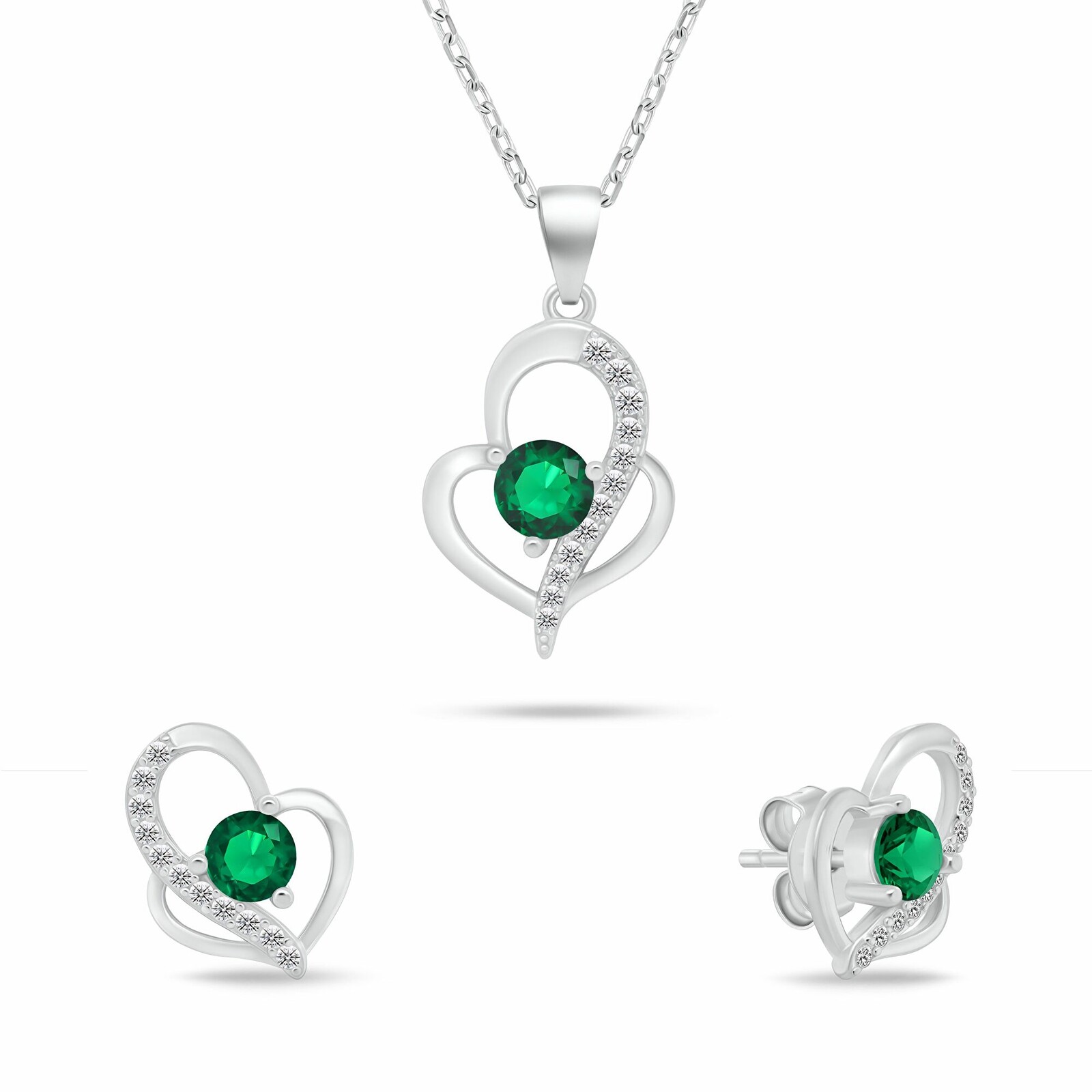 Brilio Silver Originální set stříbrných šperků Srdíčka se zelenými zirkony SET294WG (náhrdelník, náušnice)