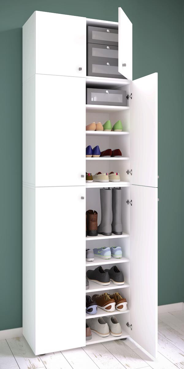 Botník Lona XXL s 9 přihrádkami, otočné dveře s nástavcem, bílá