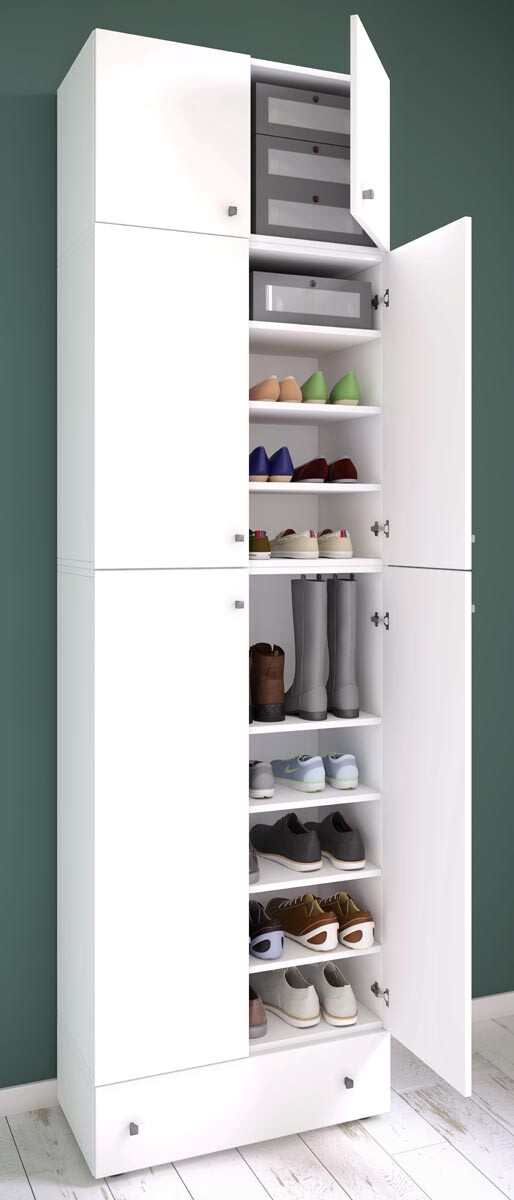 Botník Lona XXL s 9 přihrádkami, otočné dveře s nástavcem a zásuvkou, bílý