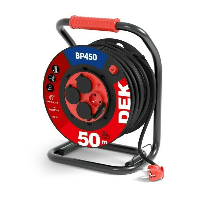 Kabel prodlužovací gumový na bubnu s pevným středem DEK BP450 50 m 1,5 mm2 IP 44