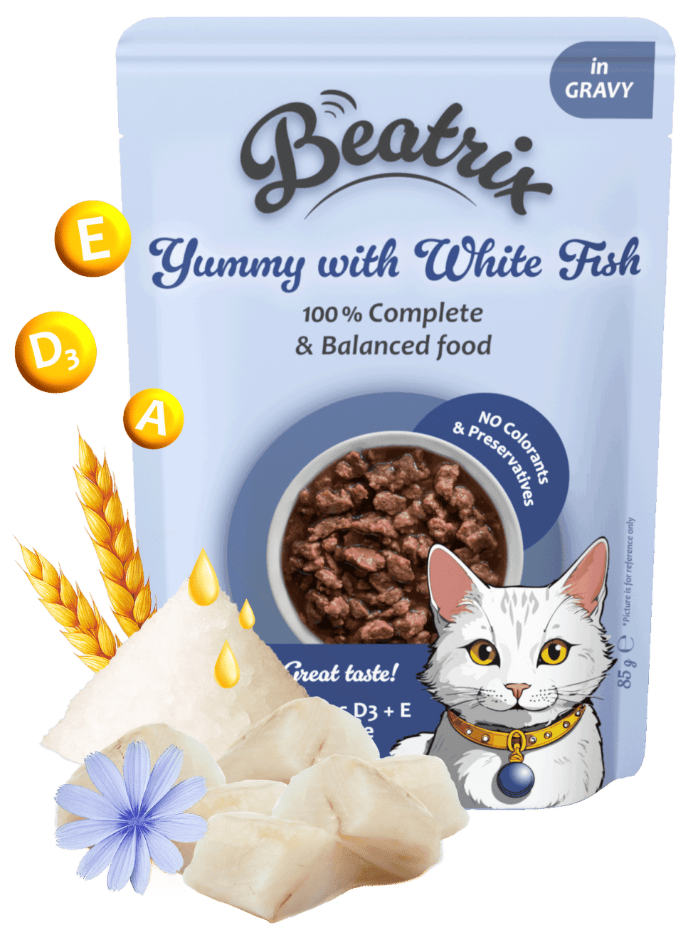 Kapsička Beatrix Adult Cat s bílou rybou 85g