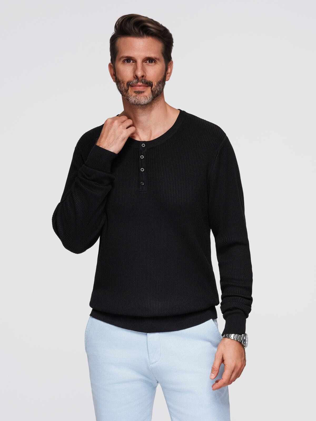Ombre Men's ribbed sweater with buttons at the neckline - black