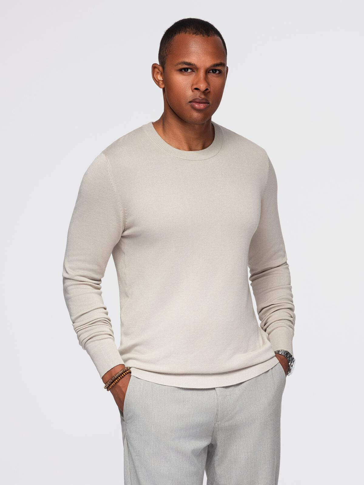 Ombre Men's sweater with round neckline in stretch knit with classic weave - beige