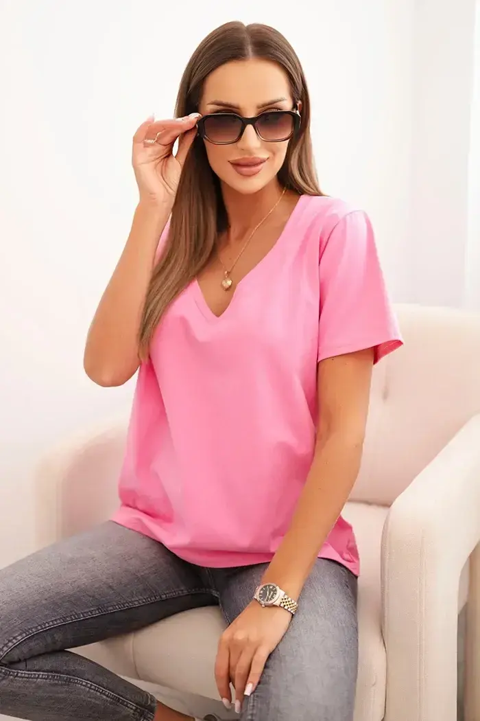 Polski Dámská bavlněná blůza s výstřihem do V a krátkým rukávem světle růžová