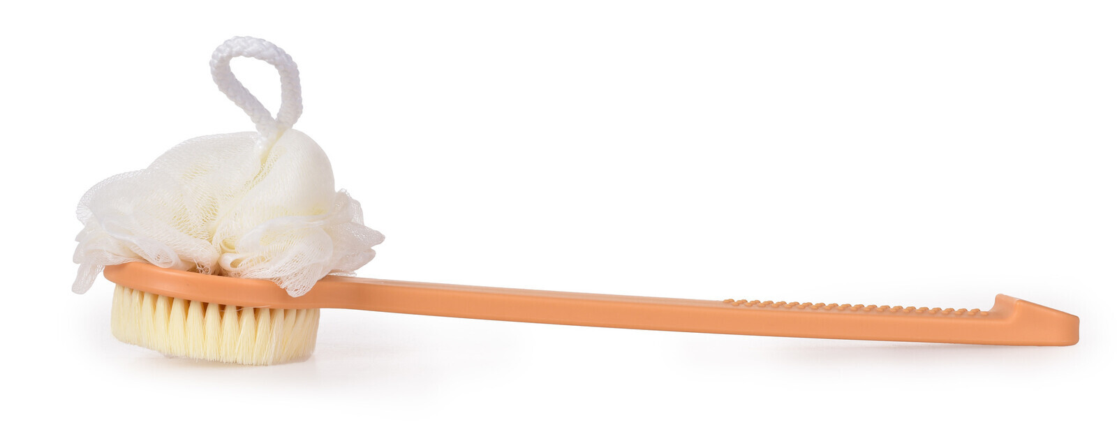 SPA | 2v1 kartáč + puff na mytí zad | oboustranný | dlouhá rukojeť 37 cm | meruňkový