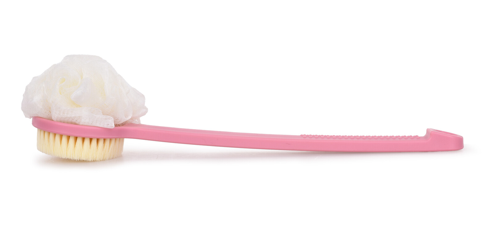 SPA | 2v1 kartáč + puff na mytí zad | oboustranný | dlouhá rukojeť 37 cm | růžový