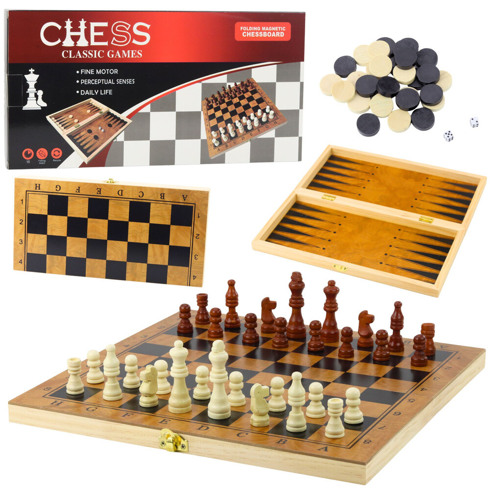 mamido Dřevěná logická hra 3v1 Šachy Dáma Backgammon
