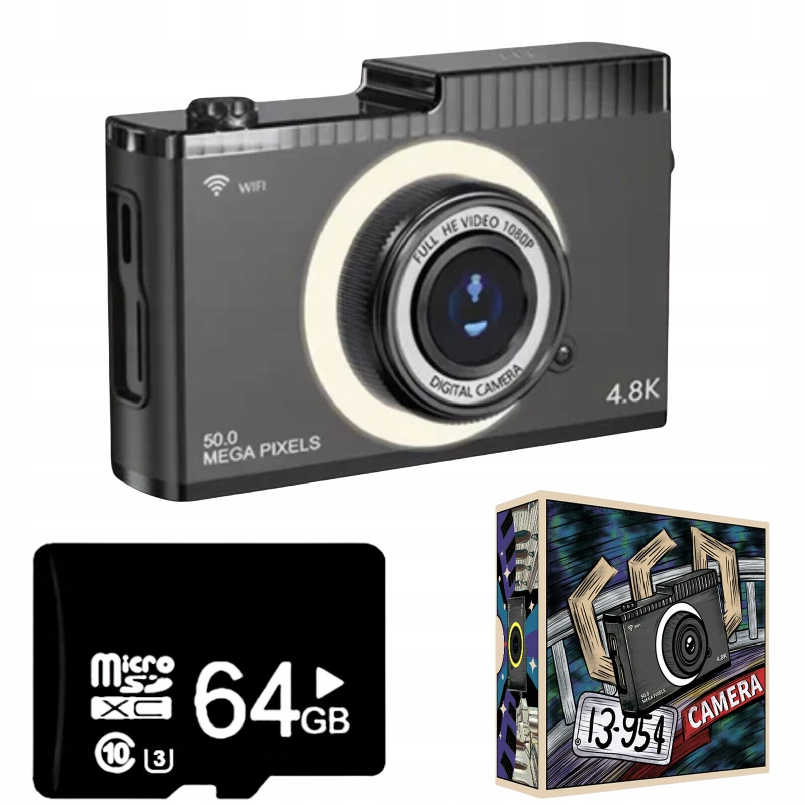 Černý digitální fotoaparát 4K 50MP s automatickým ostřením Ips 2.4palcový zoom 8x Karta 64GB