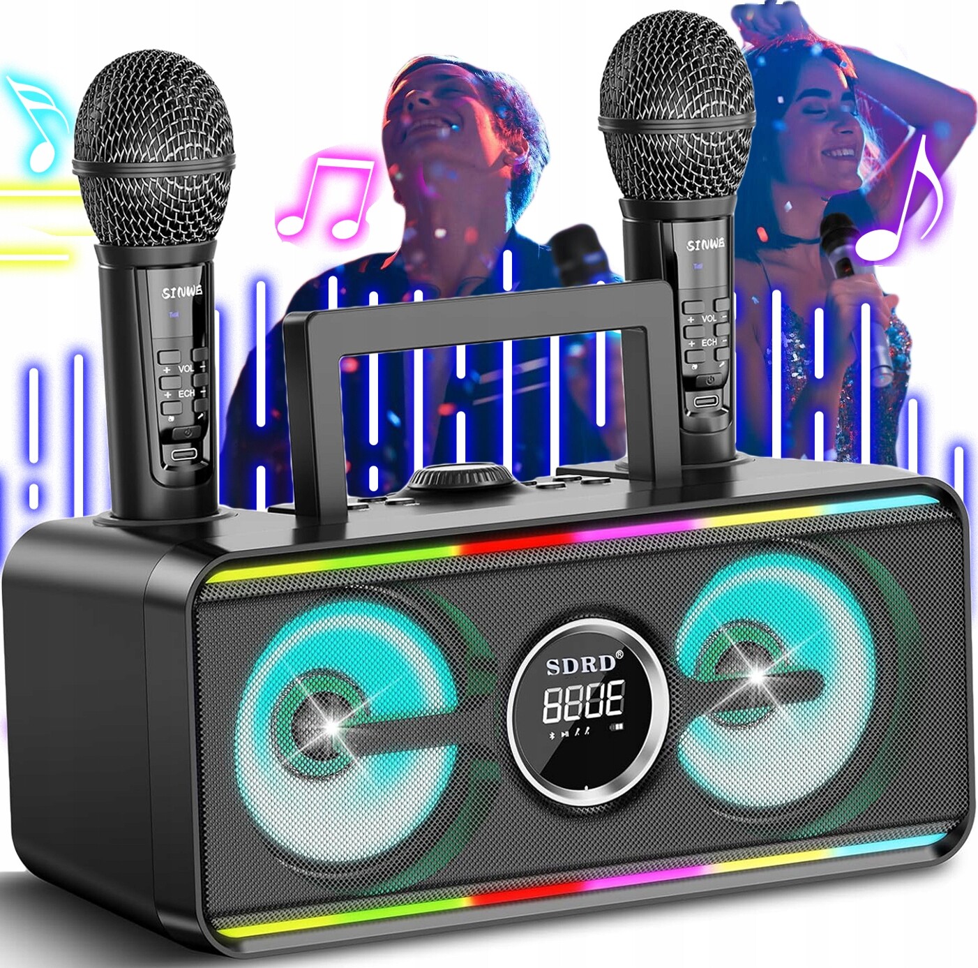 Bluetooth Karaoke Reproduktor Se 2 Bezdrátovými Mikrofony, Barevný Led