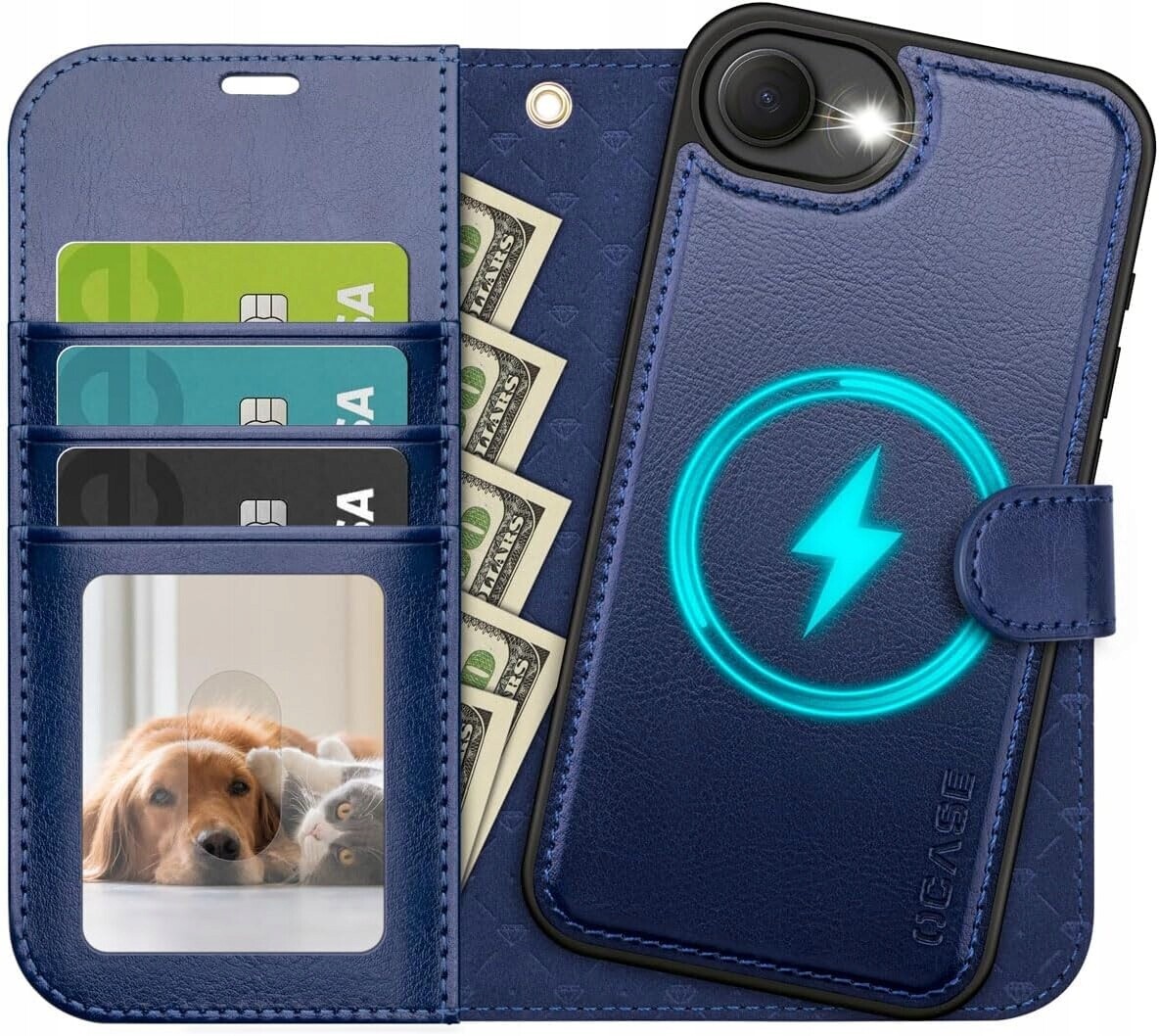 Ocase pouzdro s klopou pro iPhone 16e peněženka 2v1 tmavě modrá pásek