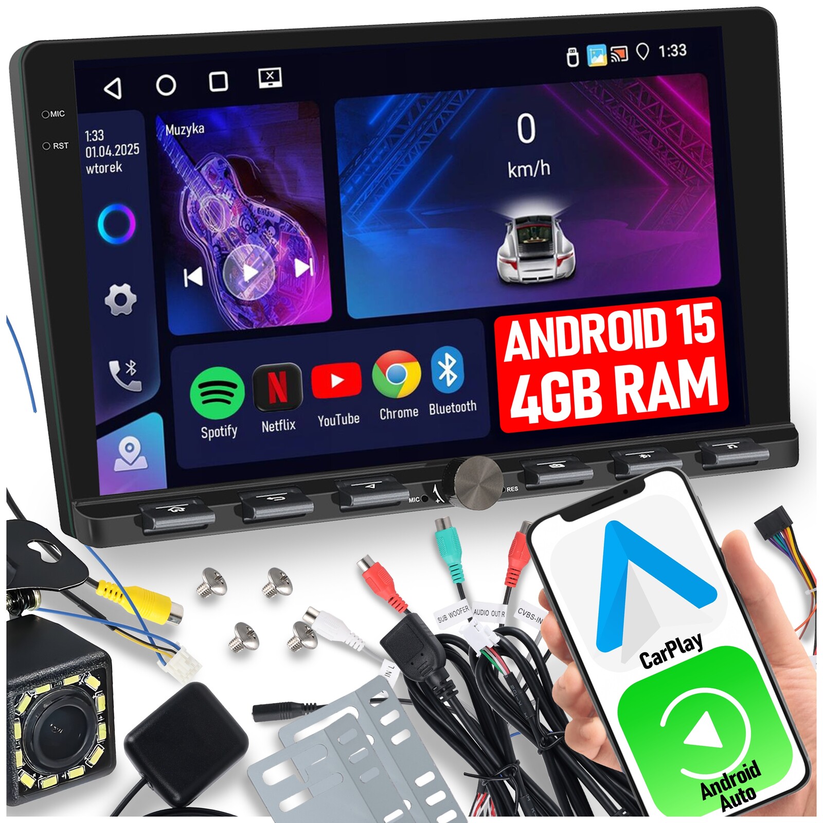Autorádio 2 Din Android 15 Carplay Rds Wifi Gps Dsp Fm 4GB/64GB 9
