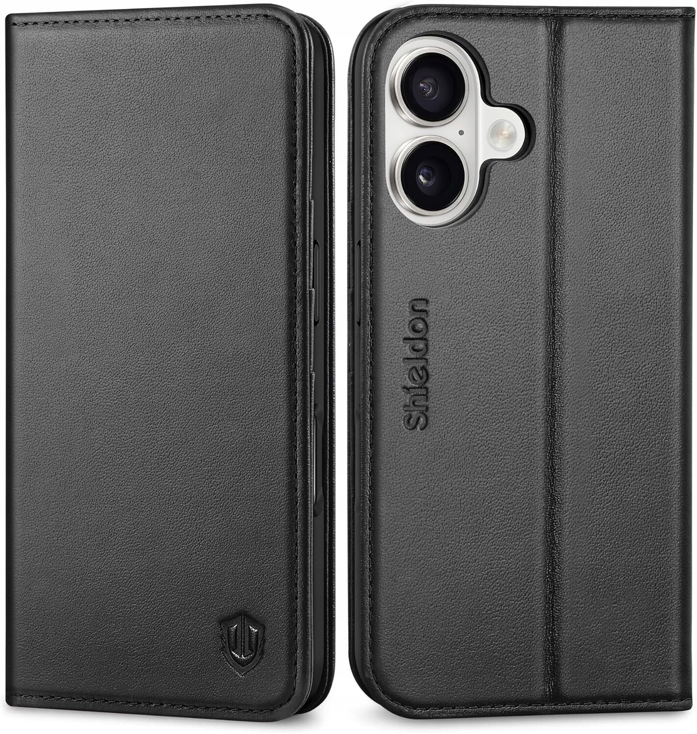 Shieldon přírodní kožené pouzdro s klopou pro iPhone 16, peněženka Rfid, černá