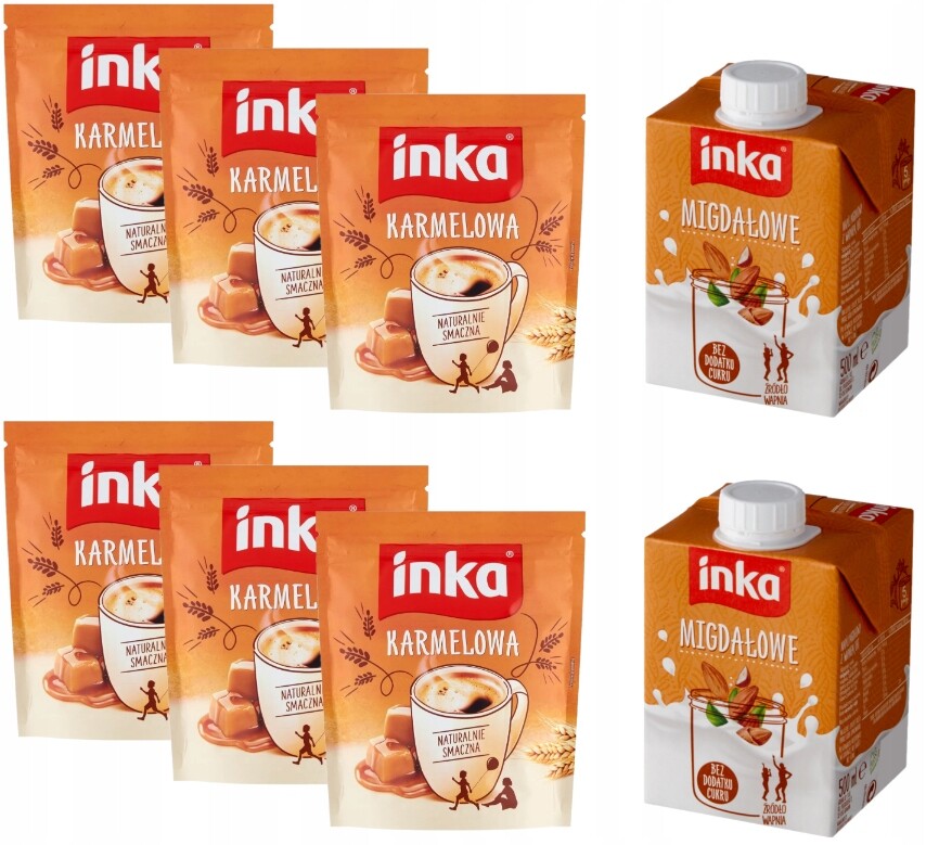 6x Inka karamelová káva káva rozpustná 200 g 2x Mandlová 0,5 l Bonus