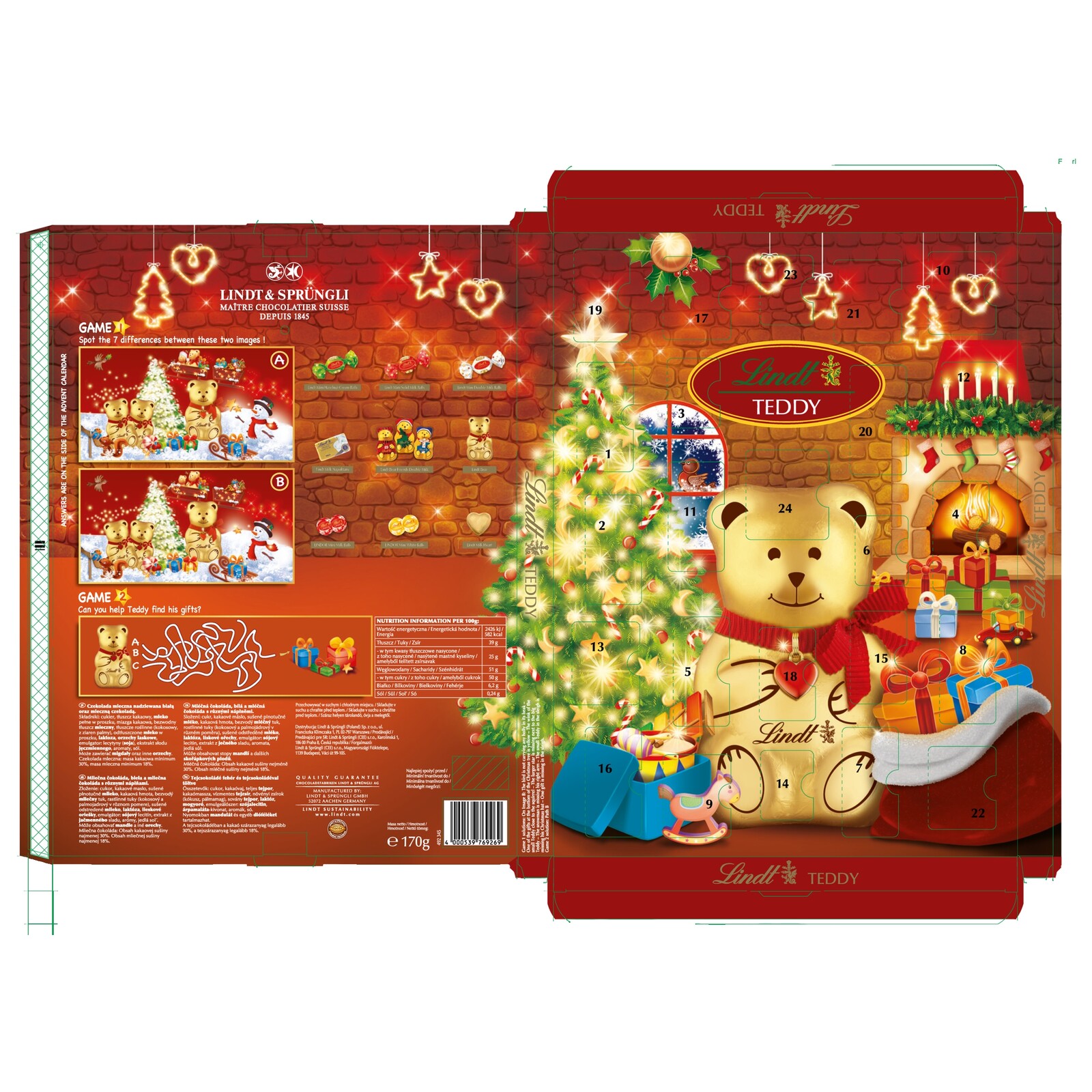 Lindt Teddy Adventní kalendář Vánoce 170 g