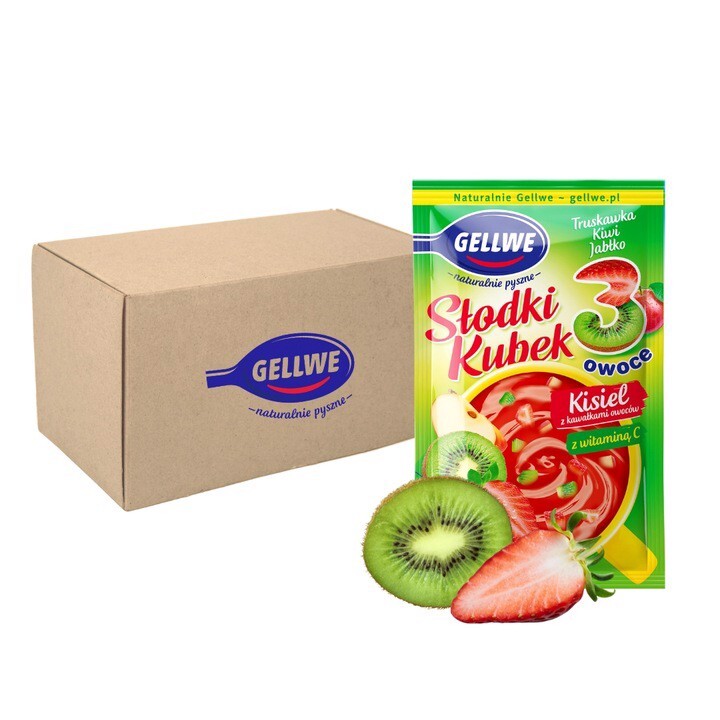 Gellwe Sladký Kysel 3 plody s kousky ovoce jahoda-kiwi-jablko 30 g