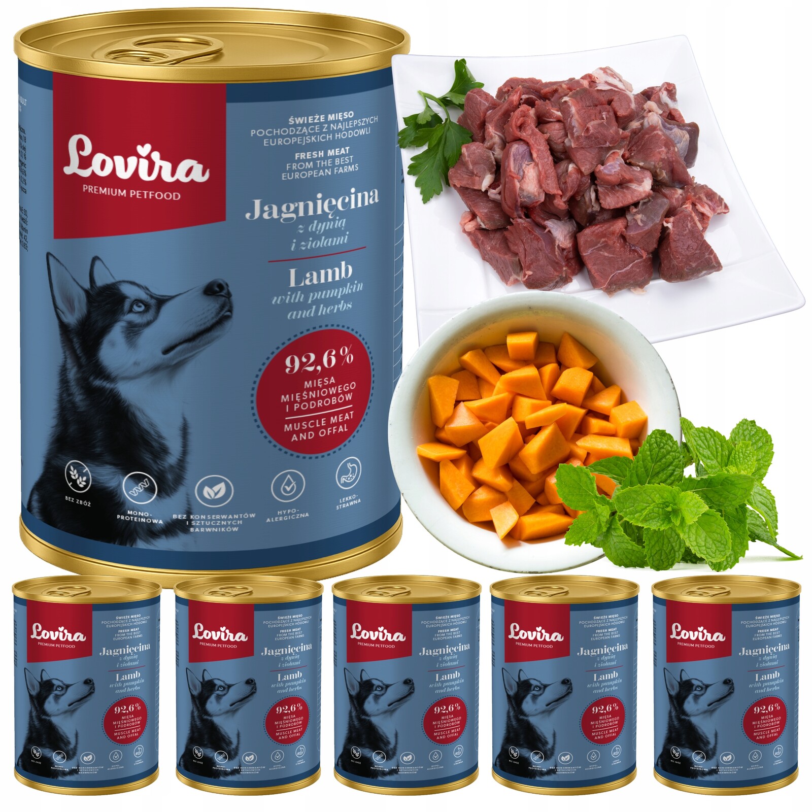Vlhké Krmivo pro psa Jehněčí 92,6% maso Lovira 2,4 kg