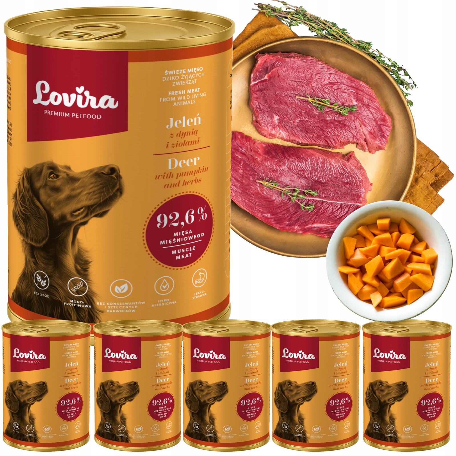 Vlhké Krmivo pro psa Jelen 92,6% svalovina Lovira 2,4 kg