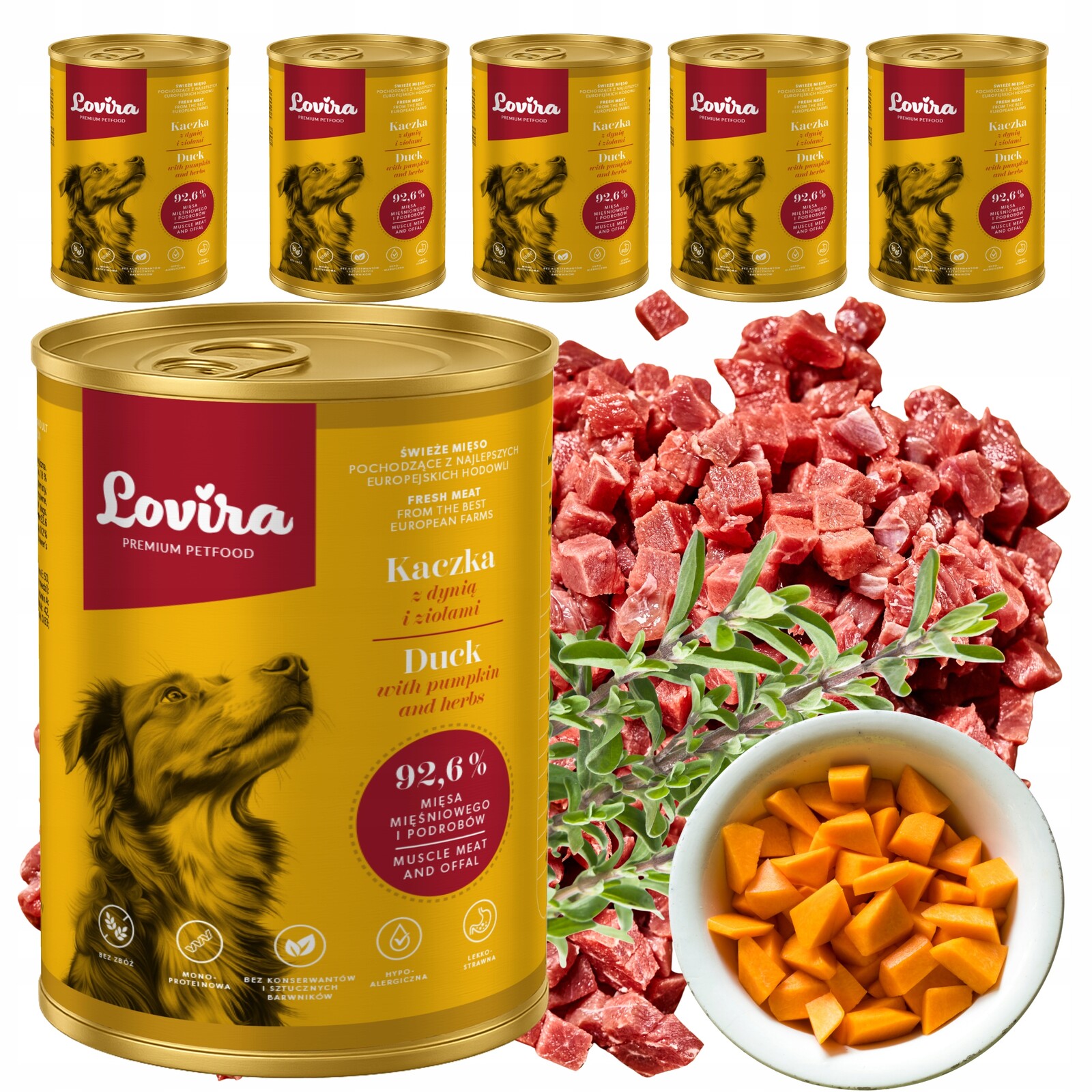Vlhké krmivo pro psy 92,6% kachní maso s dýní a bylinkami Lovira 6x
