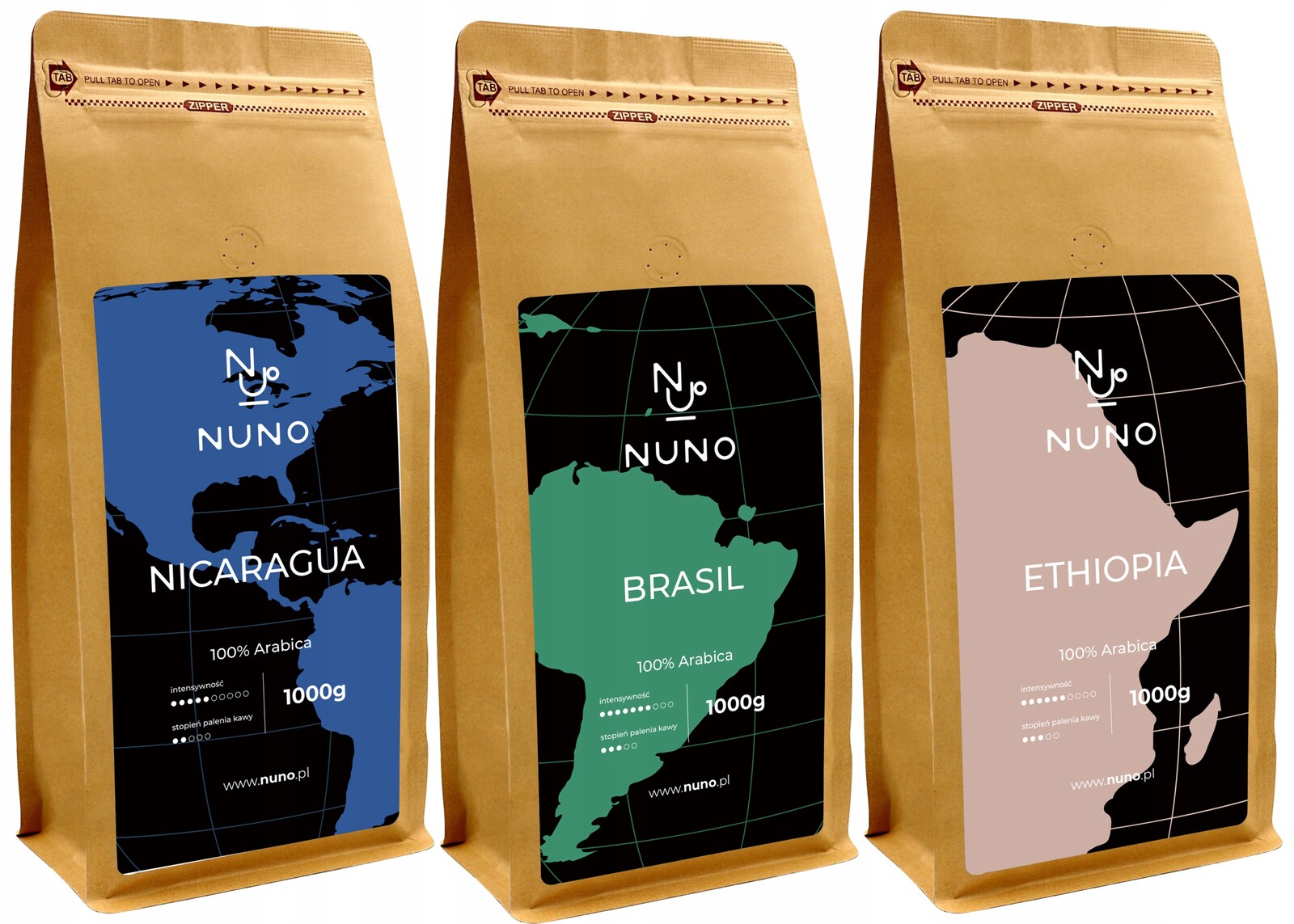Káva zrnková 1kg x3 Arabica 100% Čerstvá Nuno Brasil Nicaragua Ethiopia