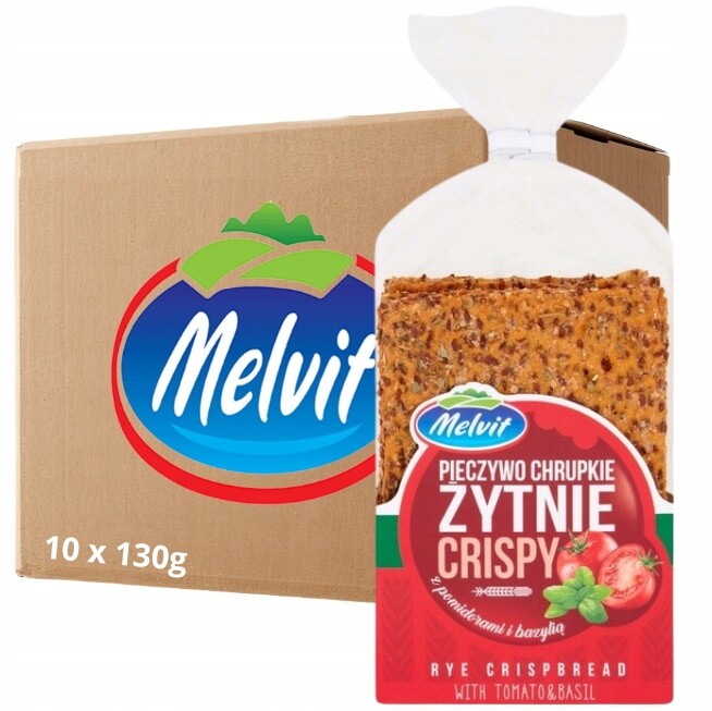 Melvit Crispy Trvanlivé pečivo žitné pečivo s rajčaty a bazalkou 130 g x 10 š