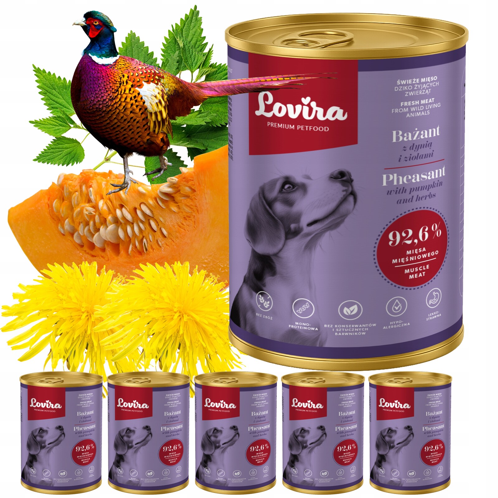 Vlhké Krmivo pro psa Bažant 92,6% svalovina Lovira 2,4 kg