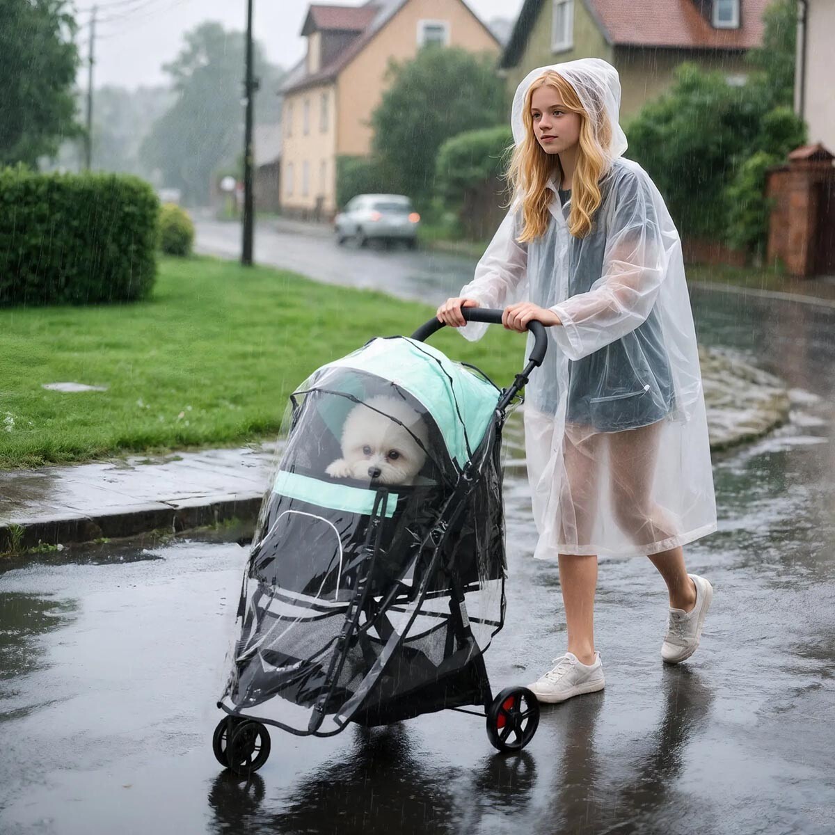 Kočárek pro psy do 10 kg a 35 cm s pláštěnkou, modrozelený