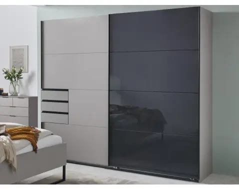 Šatní skříň se zásuvkami Tilburg, 225 cm, šedá sahara/černé sklo