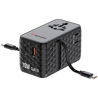 Verbatim, Cestovní adaptér univerzální Charge ,n, Travel 1x USB-C, 1X USB-A + 2x integrovaný kabel USB-C, černá, 70 W