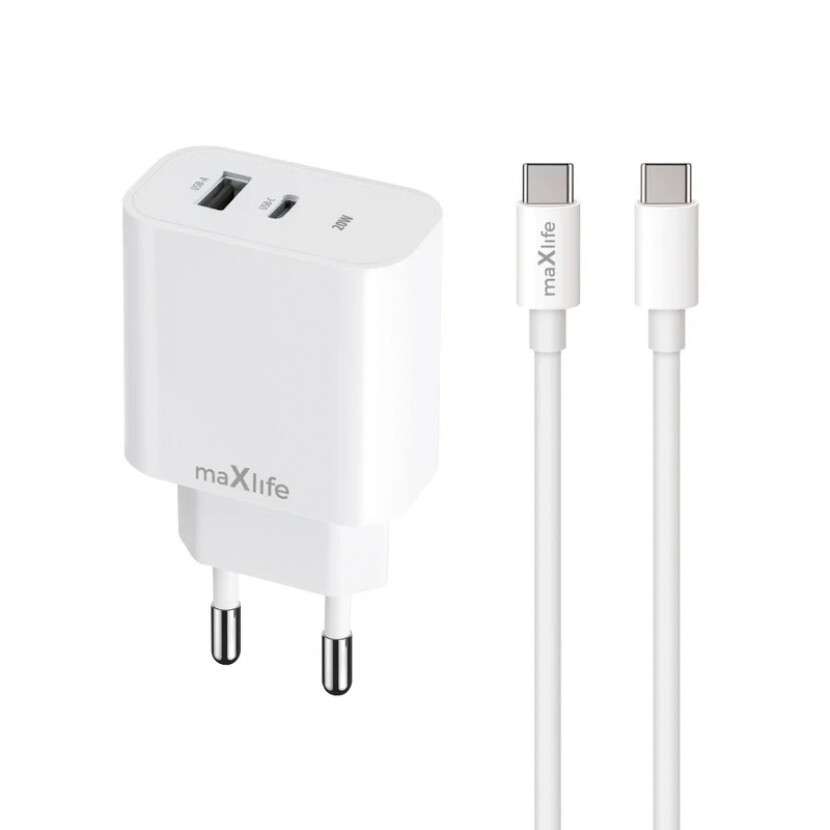 Nabíječka Maxlife QC 20W s kabelem USB-A a USB-C - bílá