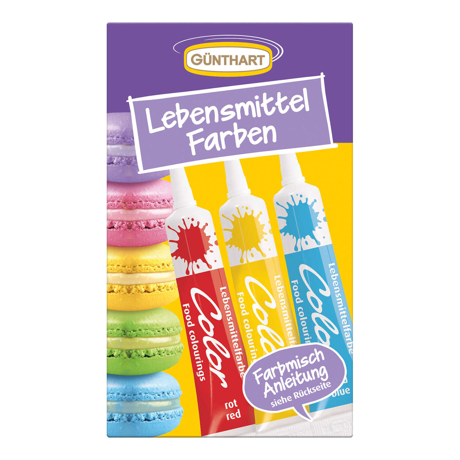 Sada jedlých barev (žlutá, modrá, červená)