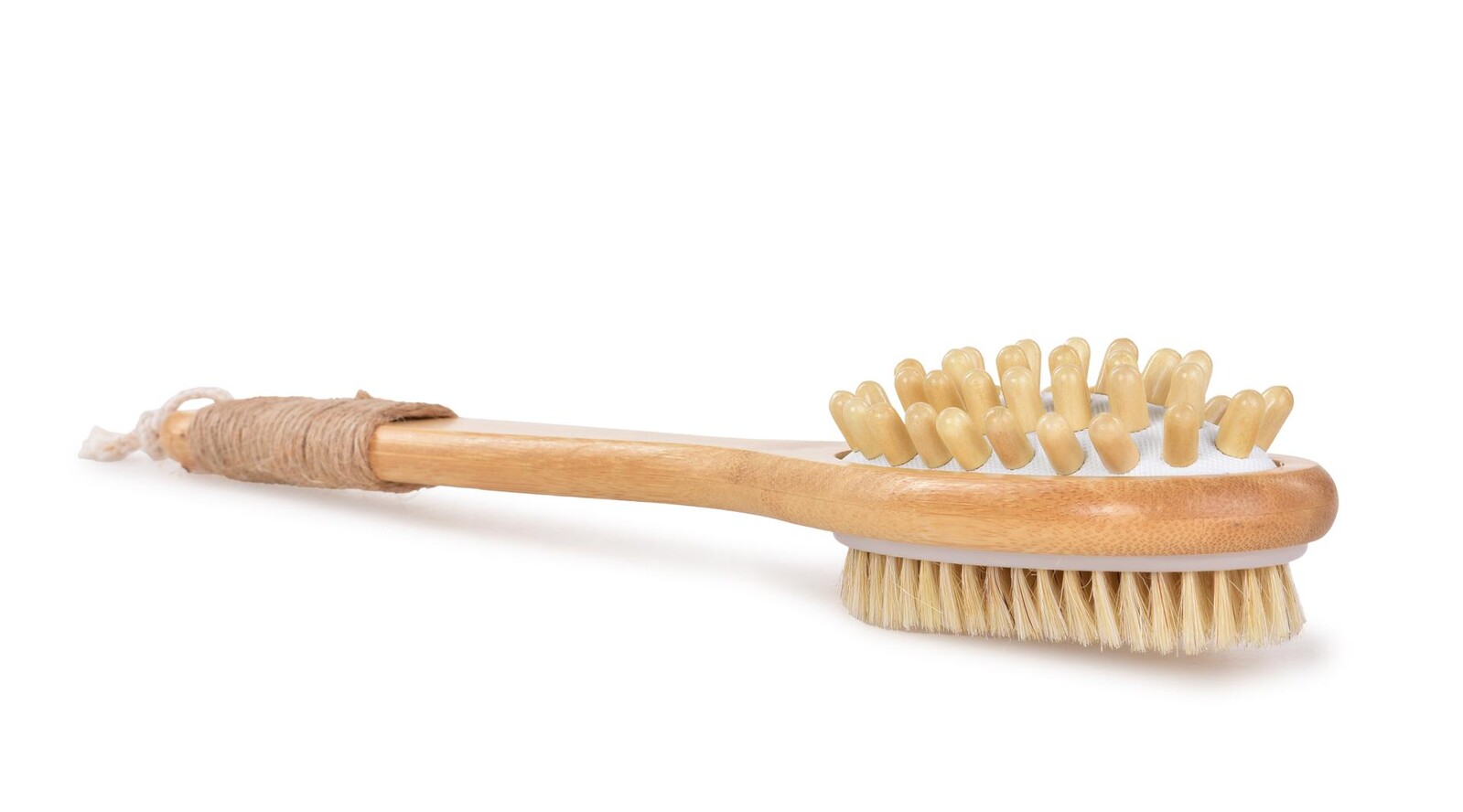 GoEco® | 2v1 oboustranný masážní kartáč na mytí | přírodní štětinky & dřevěné masážní hroty | délka 40 cm