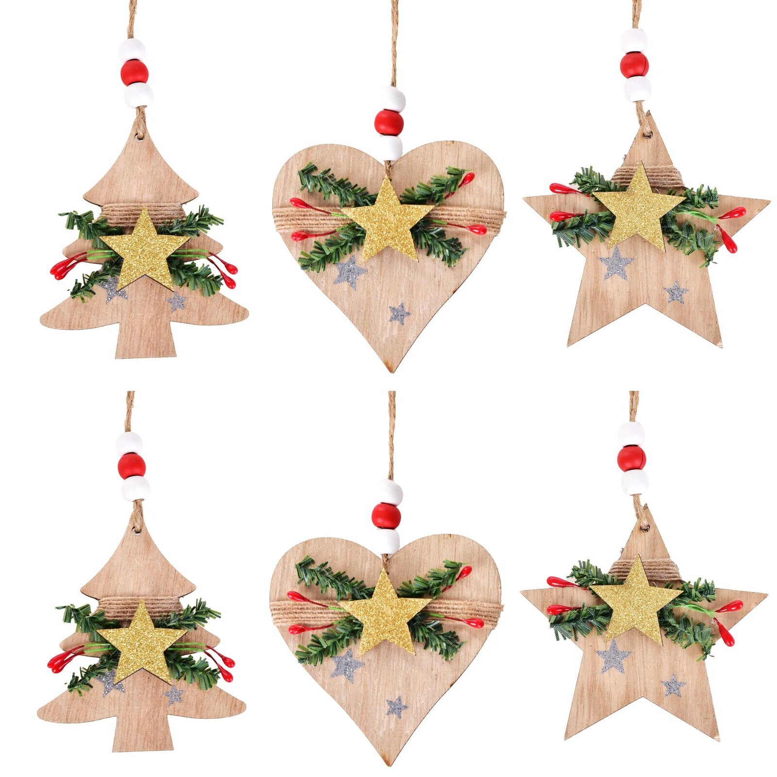 VÁNOČNÍ KLID | sada 6 dřevěných ozdob s přizdobením | výška 9 cm | hnědé