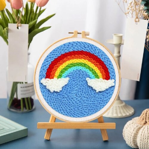 Vyšívání dutou jehlou sada - DUHA 20x20 cm kulatý rám