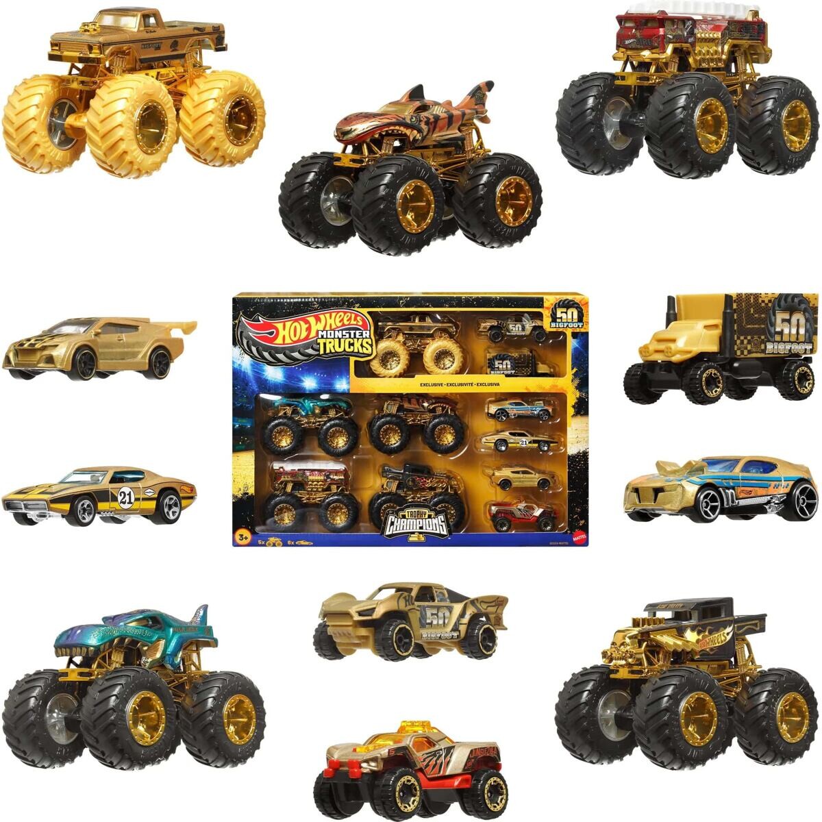 Mattel Hot Wheels Monster Trucks Bigfoot 50. výročí Set angličáků & trucků