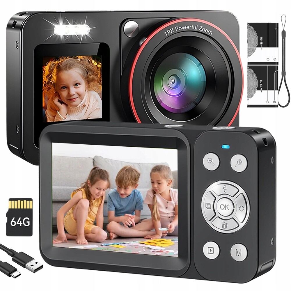 Digitální Fotoaparát Hd 4K 64MP 64GB Přenosný Dárek Autofokus 18X Zoom Černý