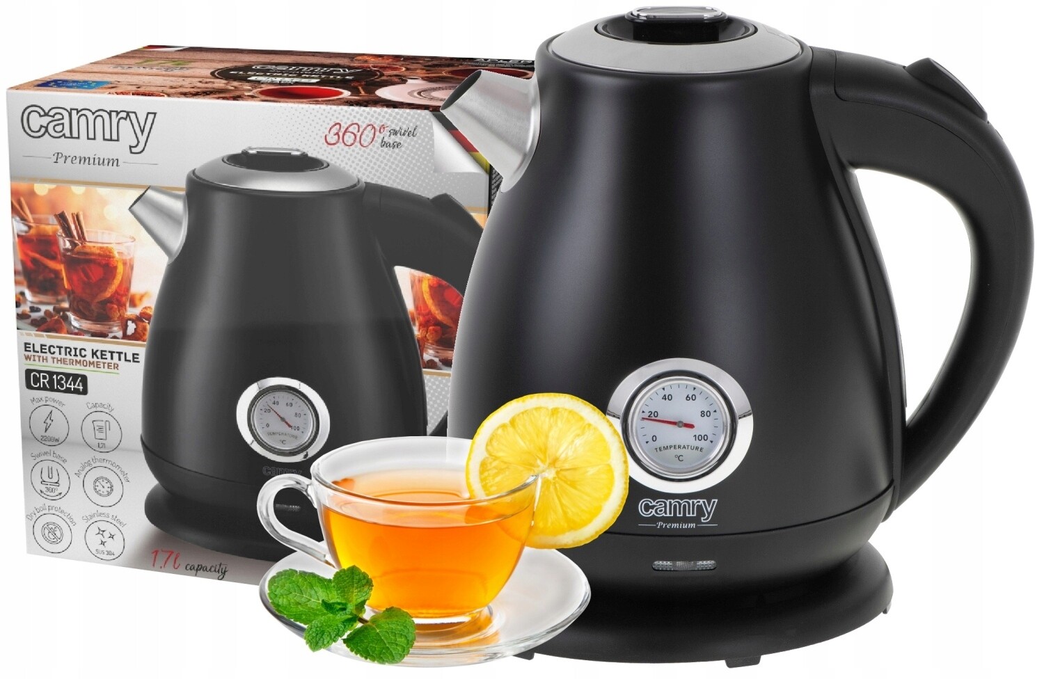 Elektrická bezdrátová kovová konvice s teploměrem 1,7 l 2200 W, černá