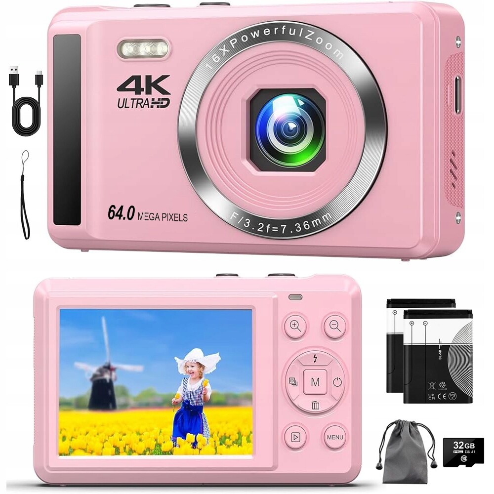 Přenosný Digitální Fotoaparát Autofokus Fhd 4K 64MP 16 Digitální Zoom 32G Karta
