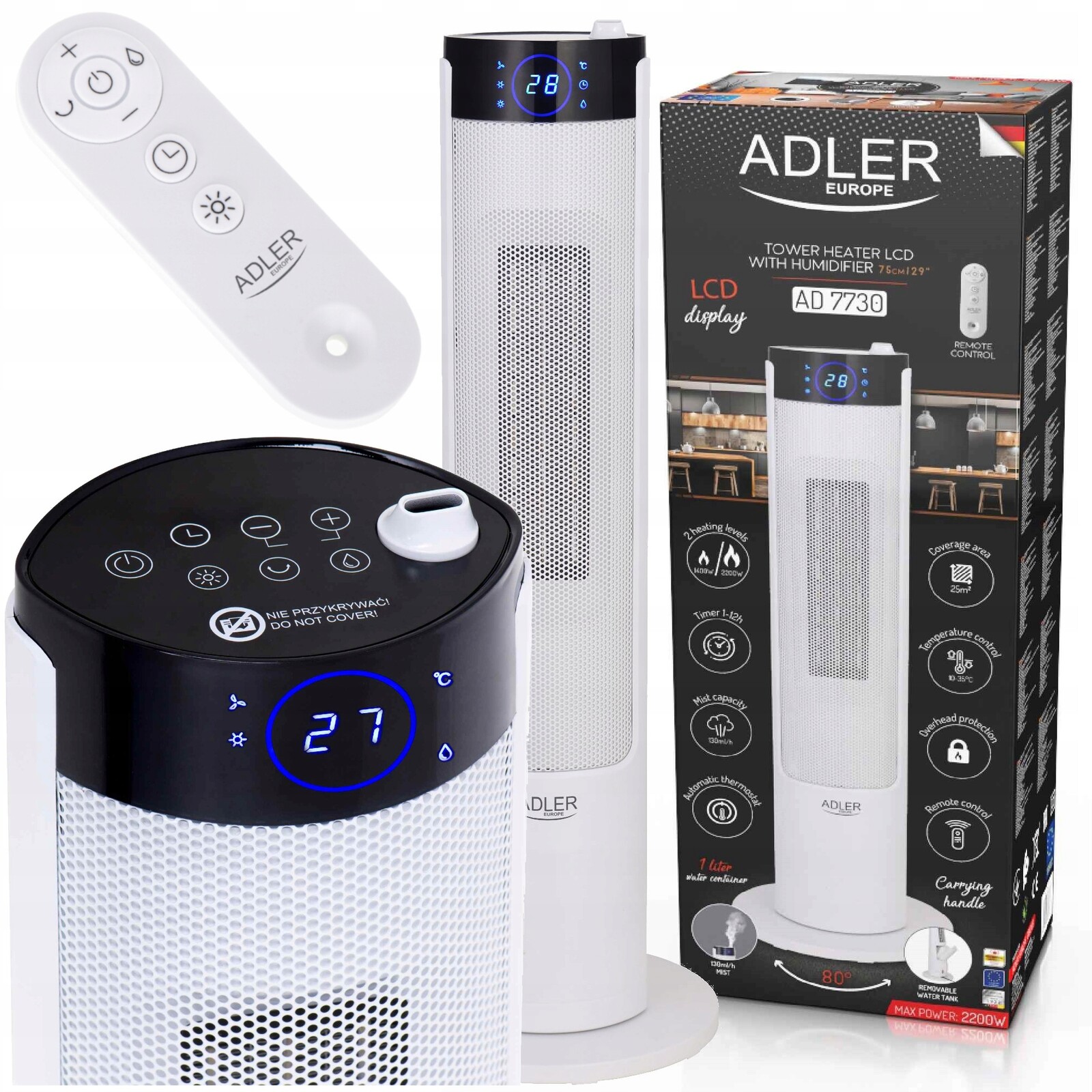 Sloupový ohřívač LCD s zvlhčovačem 75 cm 2200 W, funkce ventilátoru, časovač