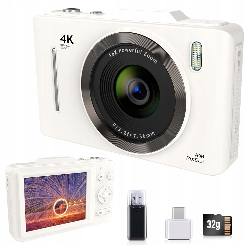 Fhd Přenosný Digitální Fotoaparát S Digitálním Zoomem 16X 32 Gkarta Bílá
