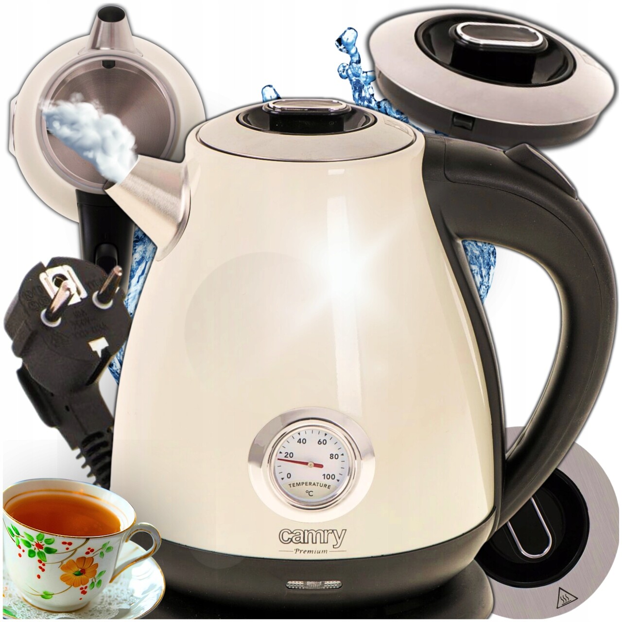 Elektrická bezdrátová kovová konvice s teploměrem 1,7 l 2200 W, krémová