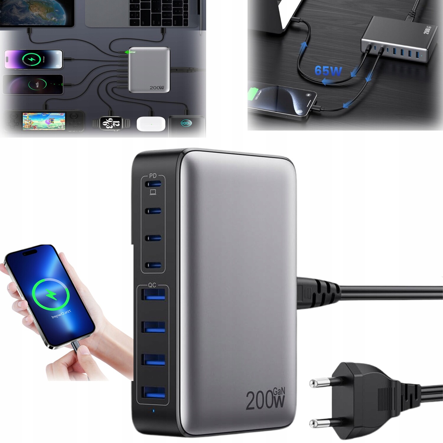 Nabíječka GaN 200W Univerzální 8 portů pro domácnost a kancelář 65W Pd