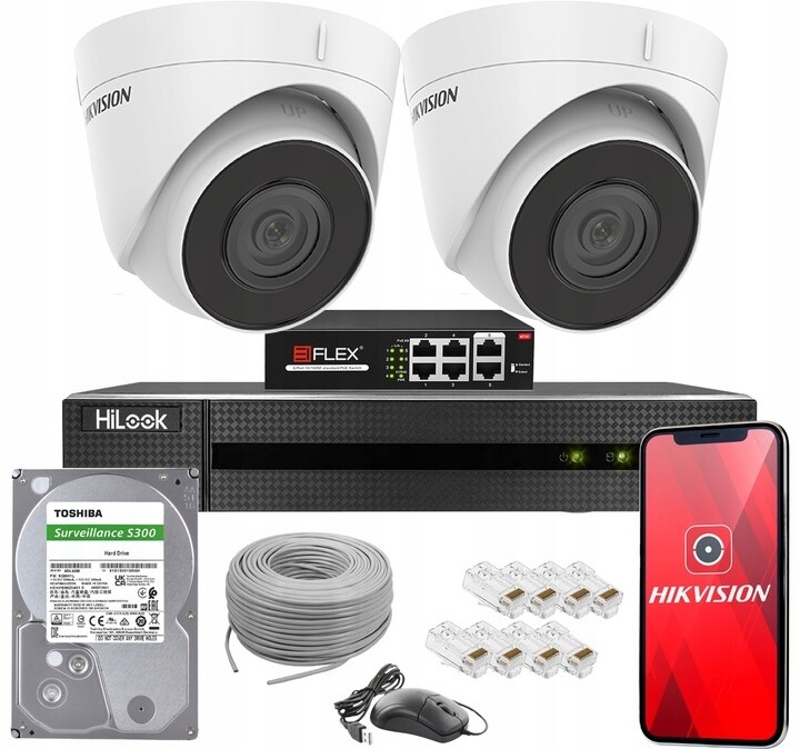 Sada Kamer Hikvision 2 Kamery Ip 4Mpx Ir 30M PoE Nvr Disk 2TB