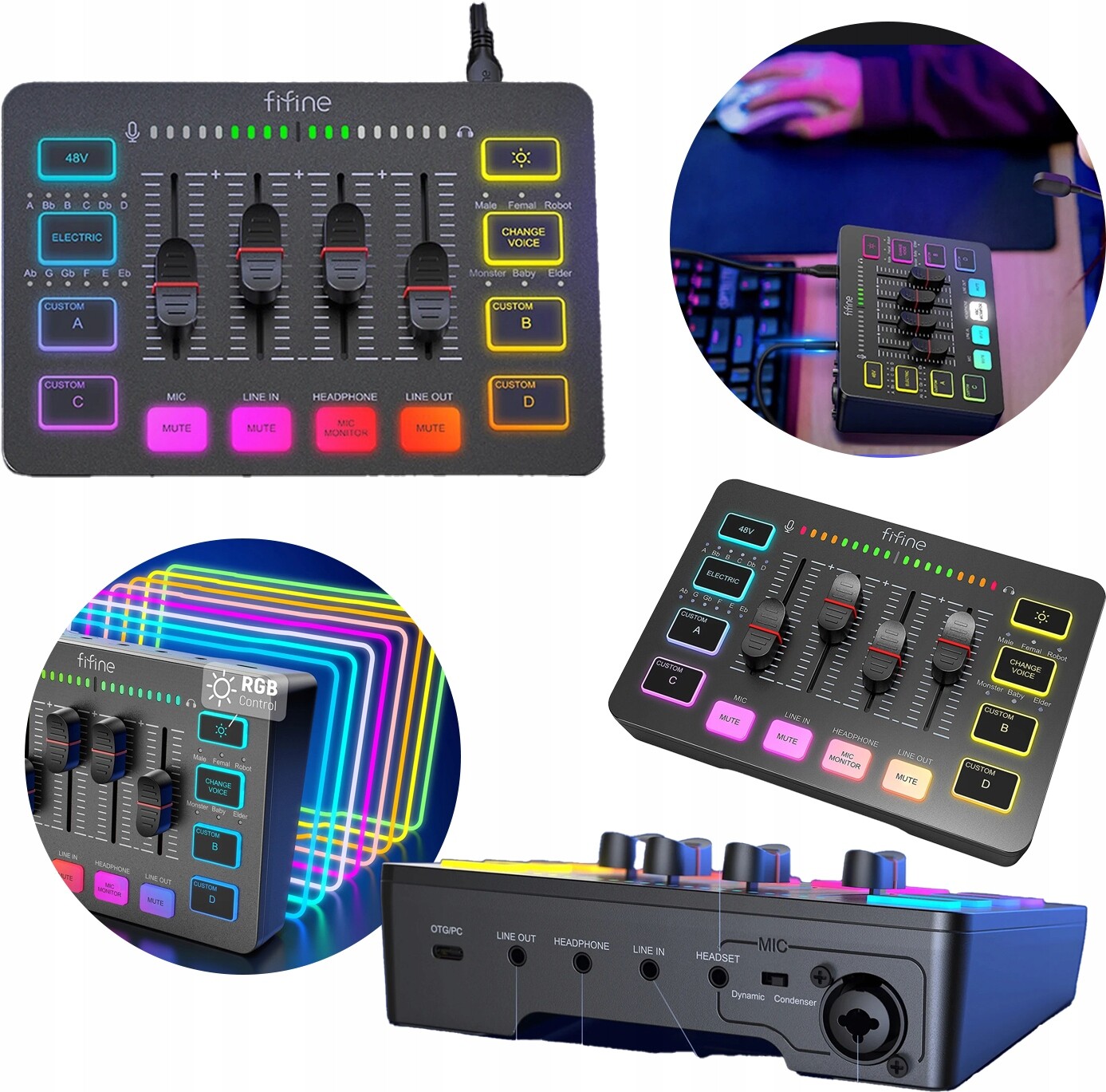 4-KANÁLOVÝ Audio Mixážní Pult s Xlr podsvícením Rgb Hry Podcast