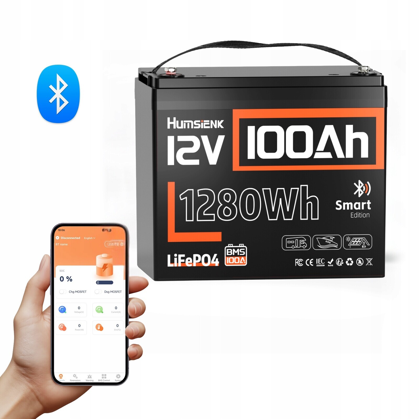 Akumulátor LiFePO4 12V 100Ah 10,5KG Bt Pro Přívěsný Motor, Kampera, Solár