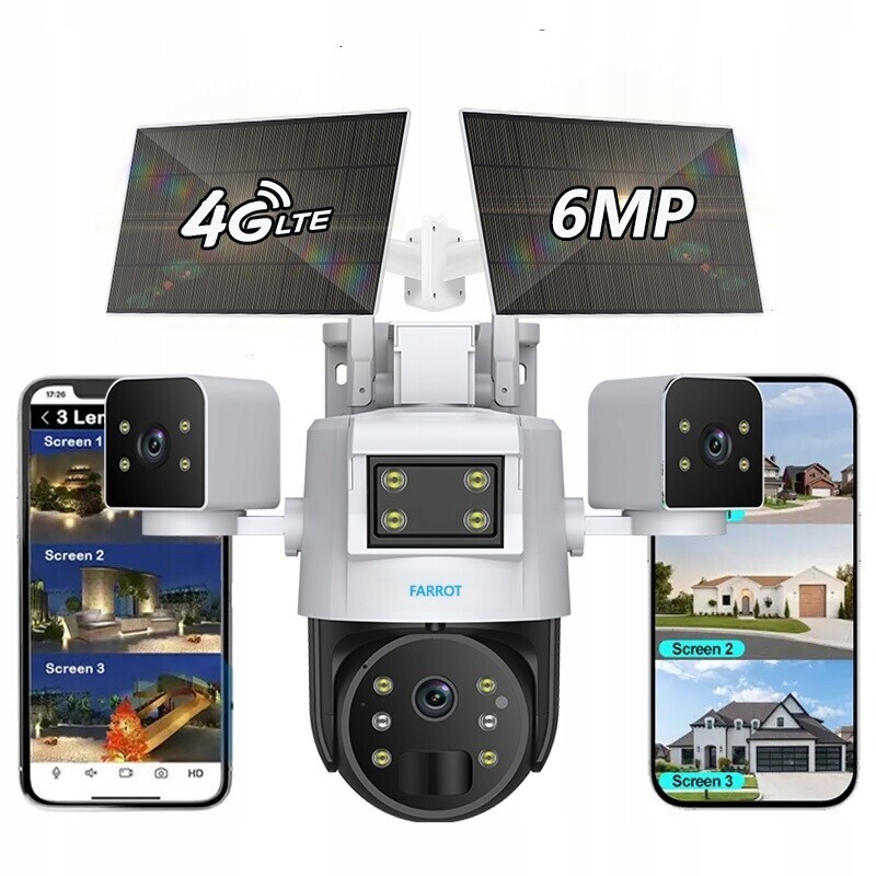 Venkovní otočná kamera 3 objektivy Sim Karta 4G Wifi 2 x solární panel