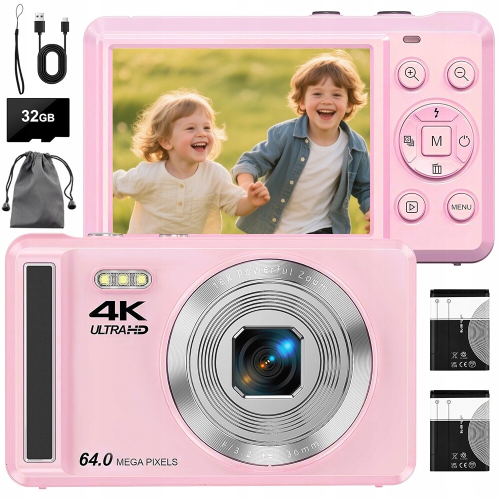 Digitální Fotoaparát Hd 4K 64MP 64GB Digitální zoom 16x Růžový 1200MAH