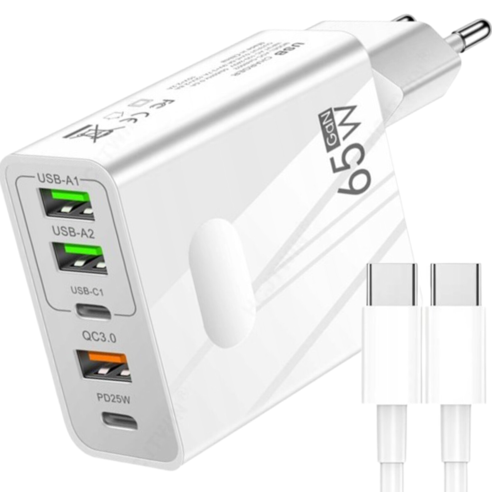 Síťová Nabíječka Kostka GaN 65W 3x Usb 2x Usb C Qc 3.0 Pd Rychlá Kabel