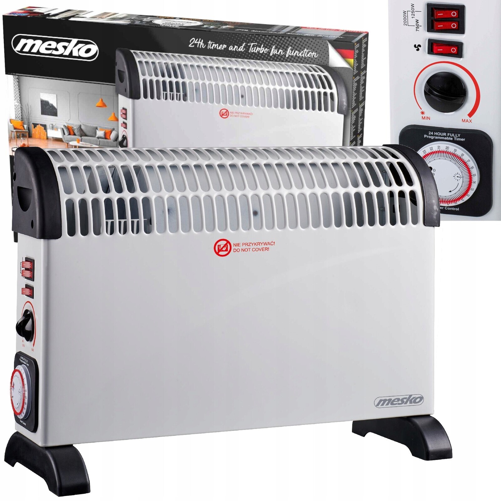 Konvektorový ohřívač 200 W Časovač 24 hodin Turbo přívod vzduchu Termostat Regulace