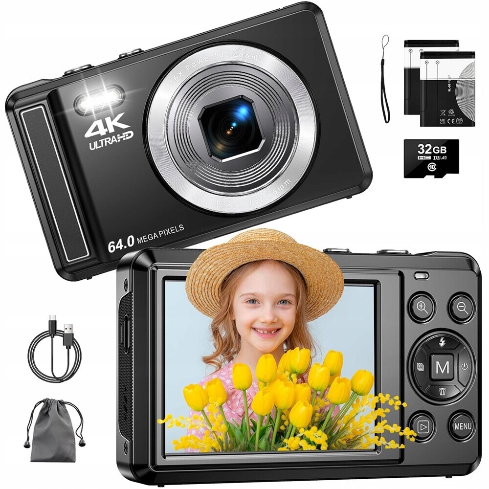 Digitální Fotoaparát Hd 4K 64MP 64GB Zoom 16X Černý Vysoce Kvalitní 1200MAH