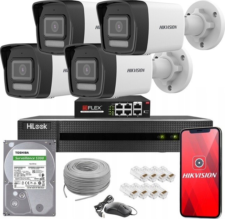 Sada 4 Kamer Hikvision Ip 4Mpx Dual Light PoE Ir/led 30M Nvr Disk 2TB